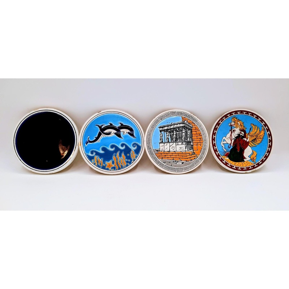 Vintage Smaltotechniki Greece Hand Painted Ceramic Coaster Set of 4 Mythology